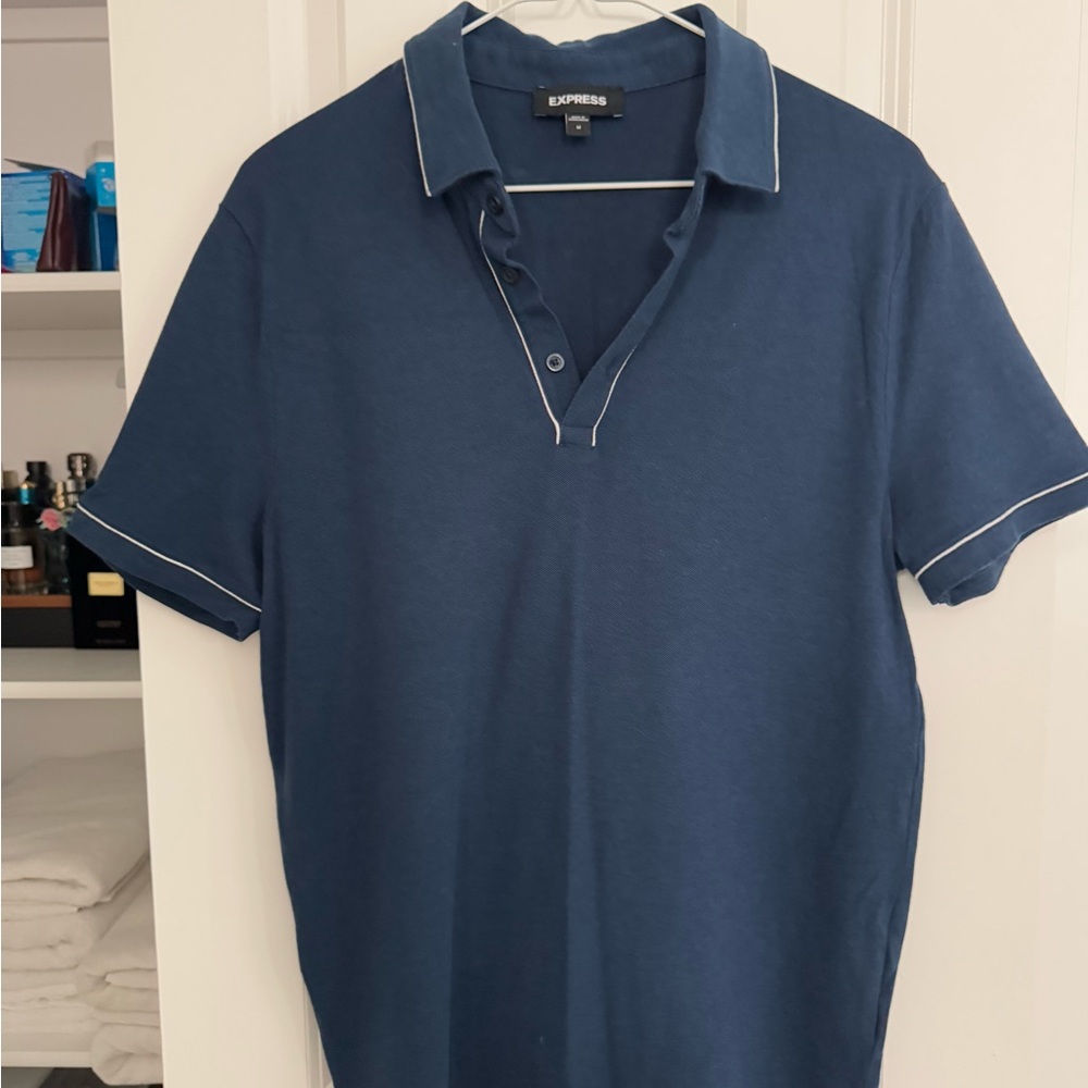 Express Men's Dark Blue Polo with White Trim